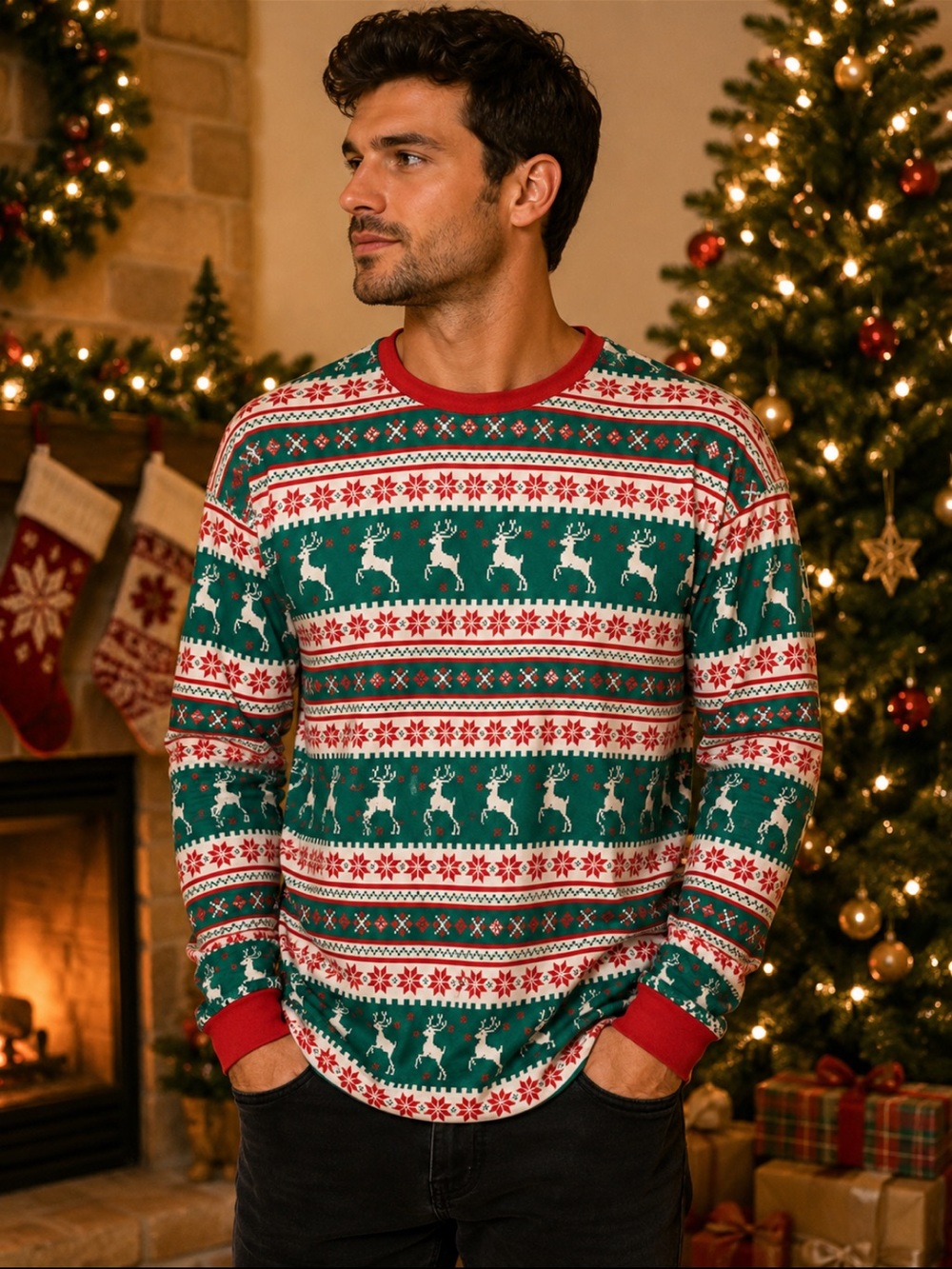 Festive Reindeer Christmas Sweater - Green Red White